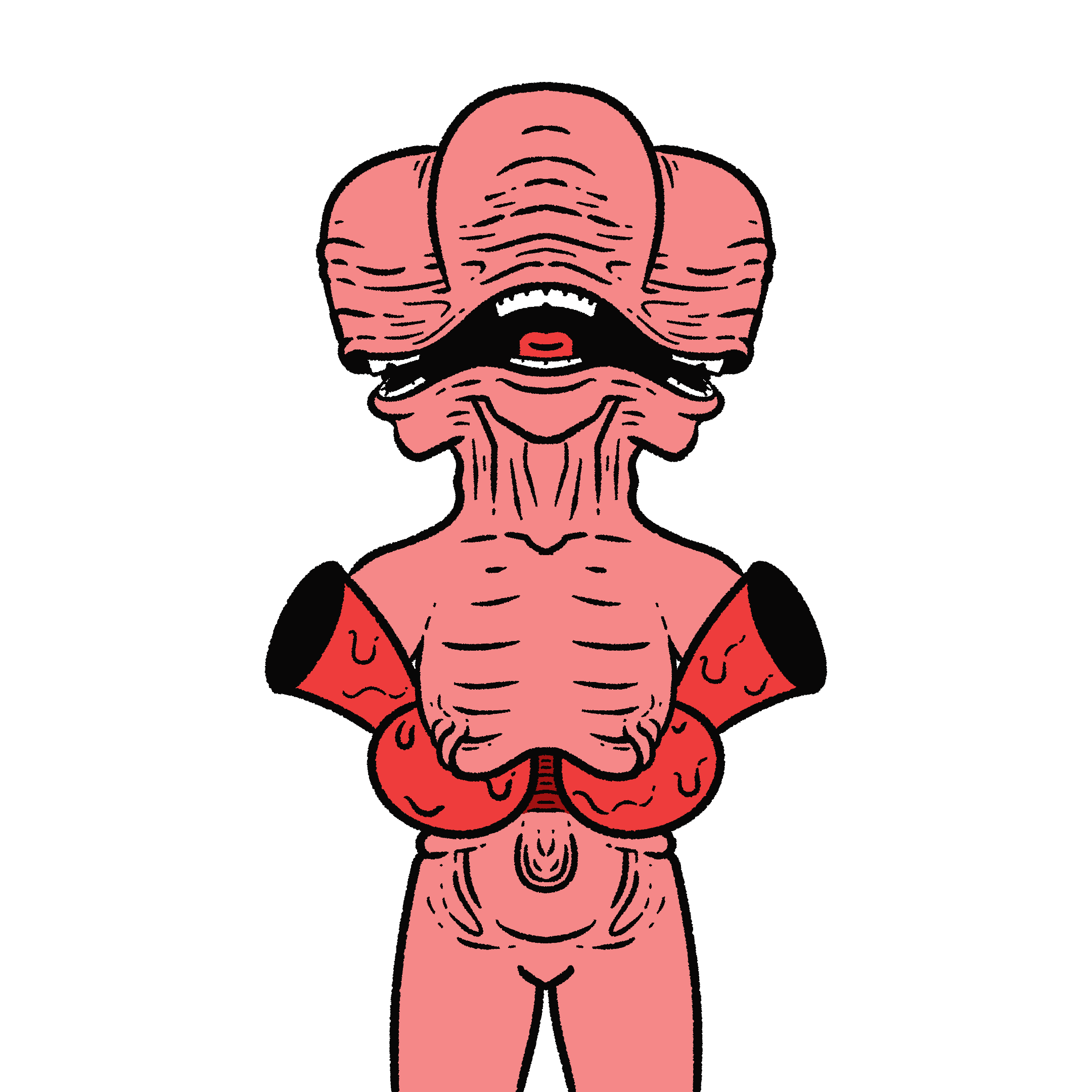 An illustration of a dark pink humanoid creature with three eyeless heads, sharing one, stretched mouth between them. From under its ribcage sprouts two intestines, stretched to resemble tubas.